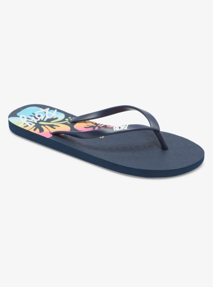 Navy Women\'s Roxy Viva Stamp Flip Flops | USA SAUE-91672