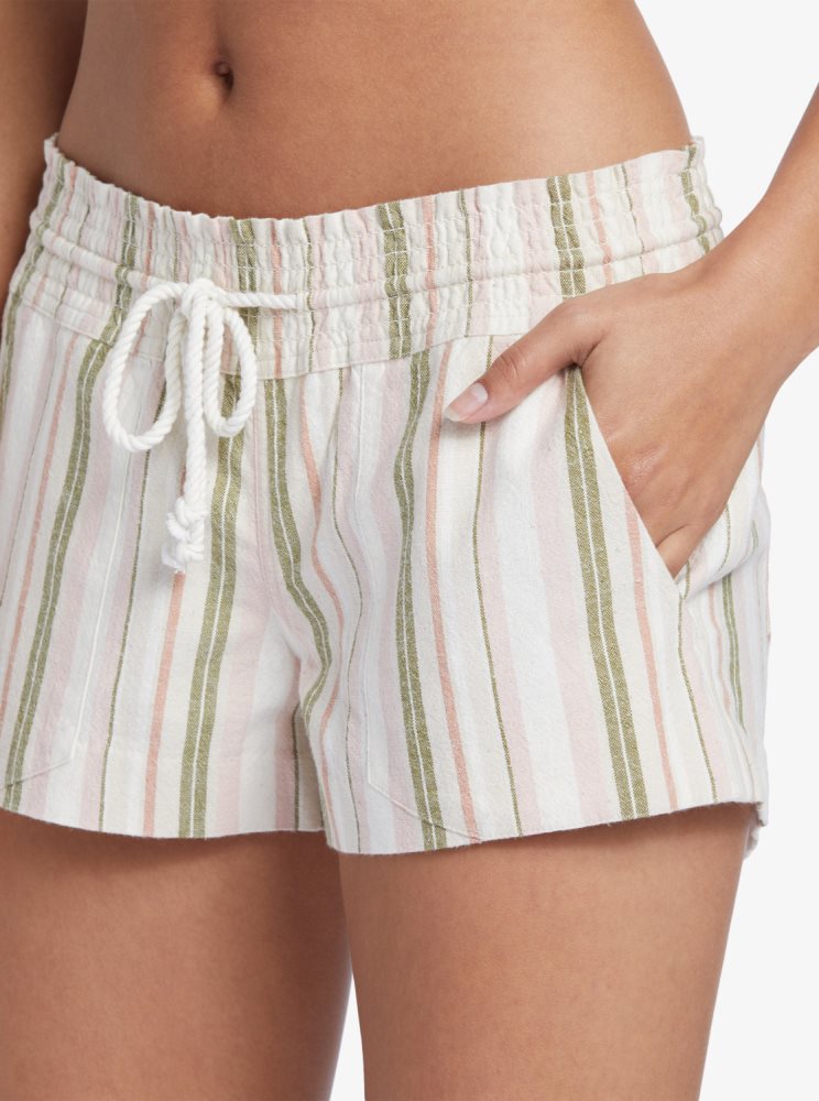 Olive Green Stripes Women's Roxy Oceanside Beach Shorts | USA ACNQ-36842