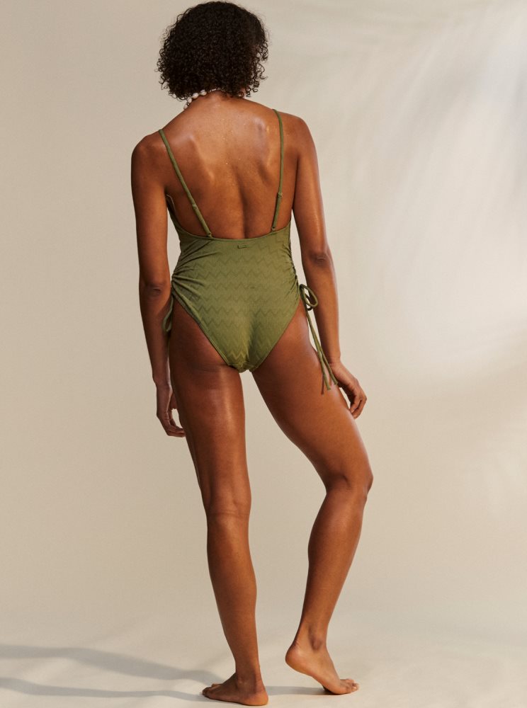 Olive Green Women's Roxy Current Coolness One Piece Swimsuits | USA IZGU-39415