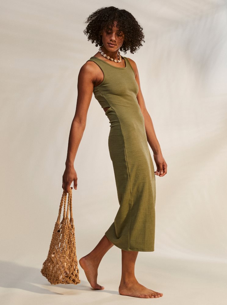 Olive Green Women's Roxy Good Keepsake Strappy Midi Dress | USA SNAB-79342