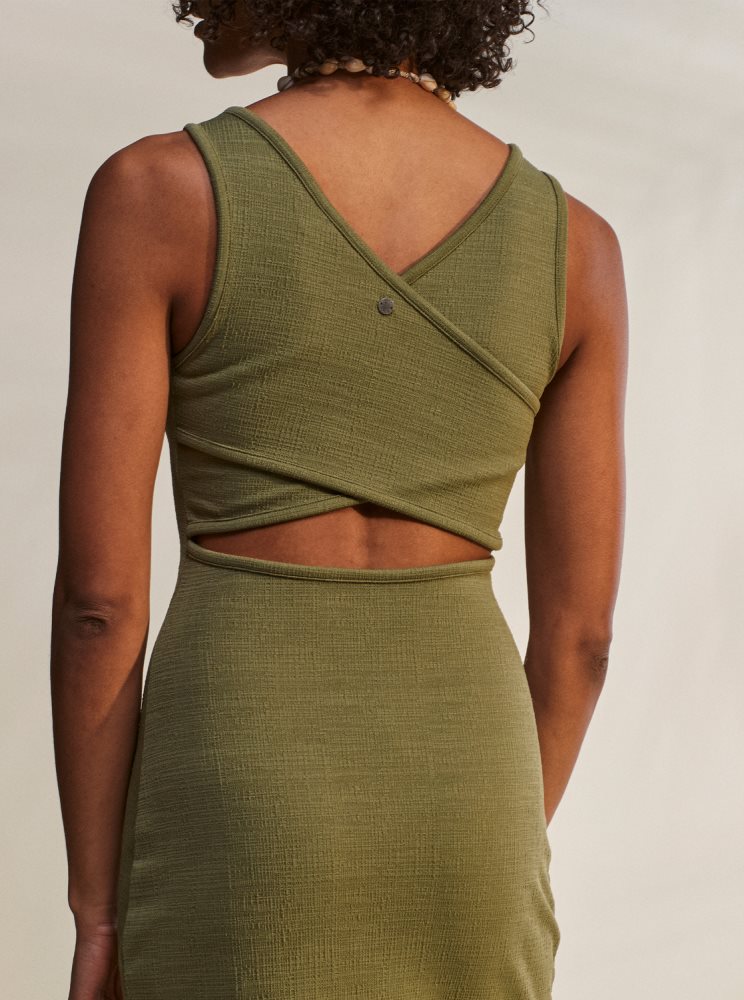 Olive Green Women's Roxy Good Keepsake Strappy Midi Dress | USA SNAB-79342