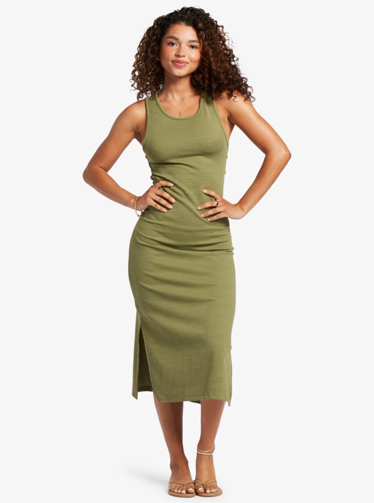 Olive Green Women's Roxy Good Keepsake Strappy Midi Dress | USA SNAB-79342