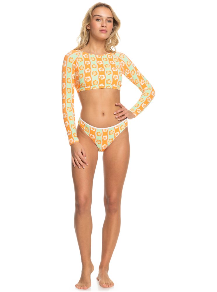 Orange Stripes Women's Roxy Wavy Babe Cropped Long Sleeve Rashguards | USA JPZG-46731