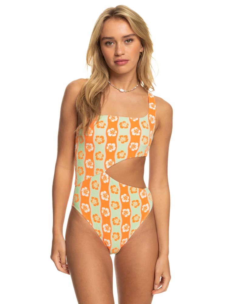 Orange Stripes Women's Roxy Wavy Babe One Piece Swimsuits | USA EWXL-09678