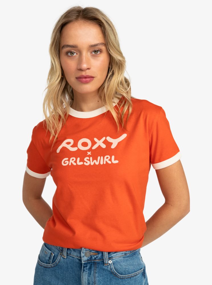 Orange Women's Roxy x Grl Swirl Ringer T Shirts | USA VLQG-49065