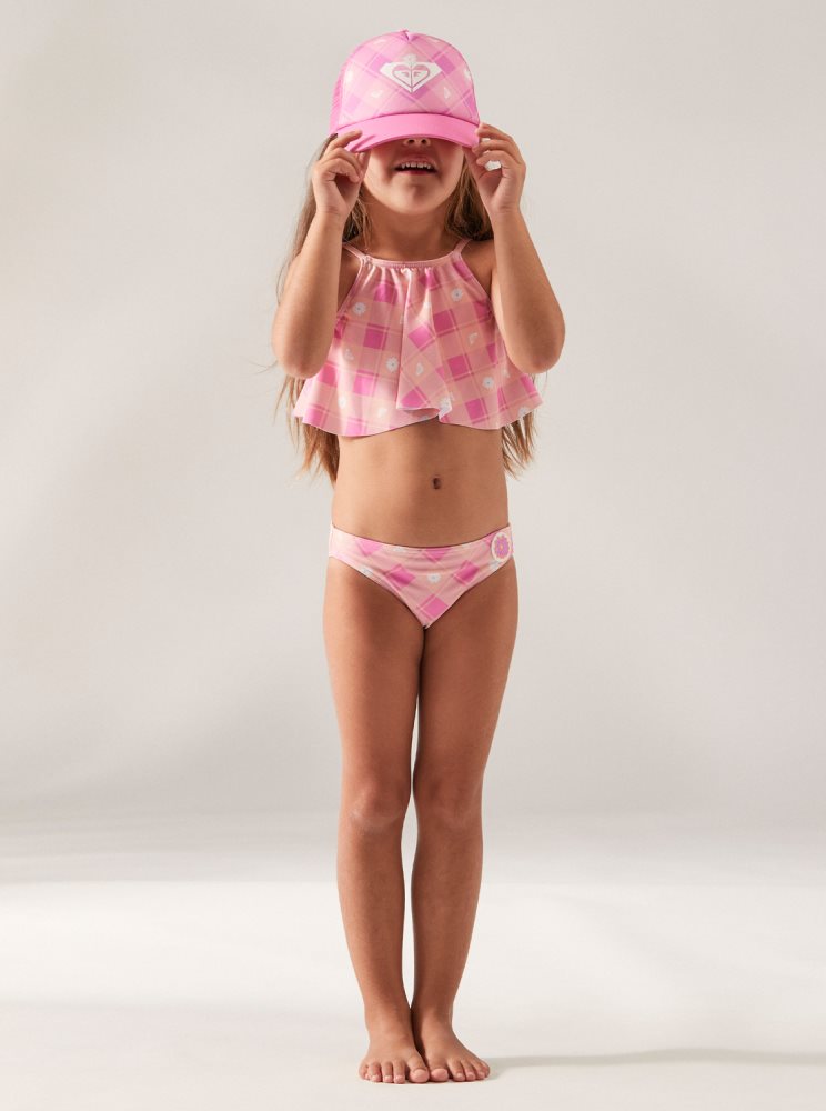 Pink Kids' Roxy 2-7 Flower Plaid Flutter Two Piece Set Bikinis | USA LUBM-17526