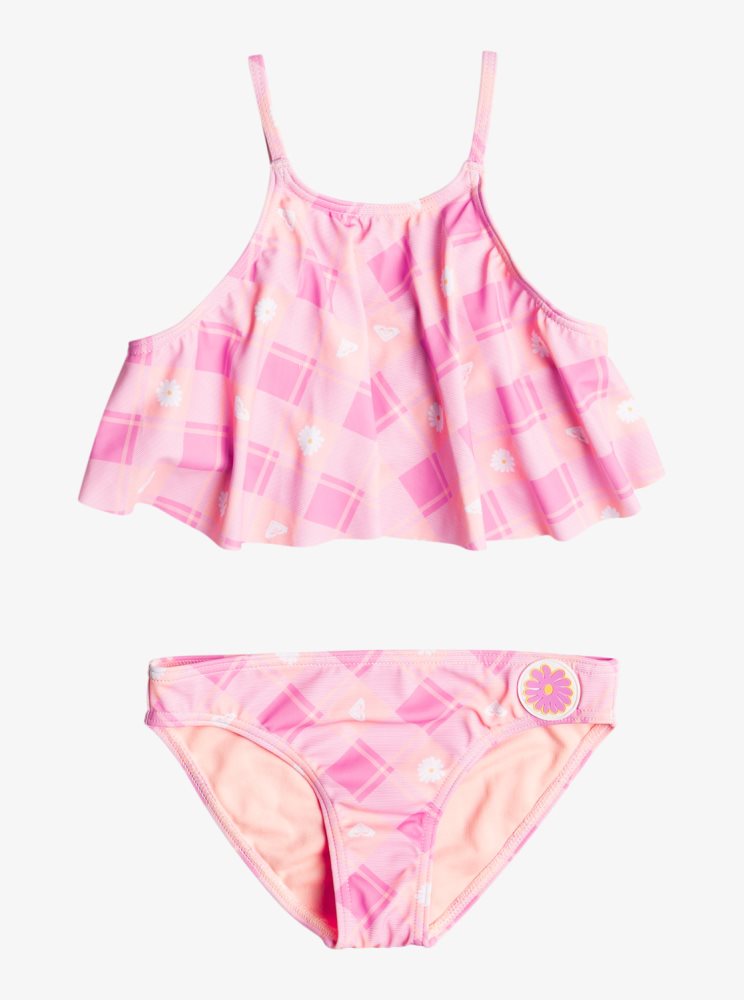 Pink Kids' Roxy 2-7 Flower Plaid Flutter Two Piece Set Bikinis | USA LUBM-17526