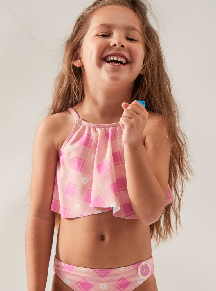 Pink Kids\' Roxy 2-7 Flower Plaid Flutter Two Piece Set Bikinis | USA LUBM-17526