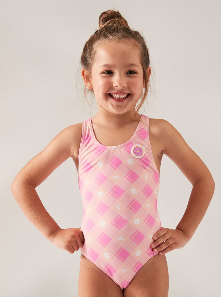 Pink Kids' Roxy 2-7 Flower Plaid One Piece Swimsuits | USA VDHG-93586