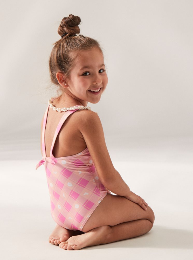 Pink Kids' Roxy 2-7 Flower Plaid One Piece Swimsuits | USA VDHG-93586