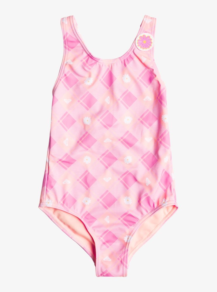 Pink Kids' Roxy 2-7 Flower Plaid One Piece Swimsuits | USA VDHG-93586