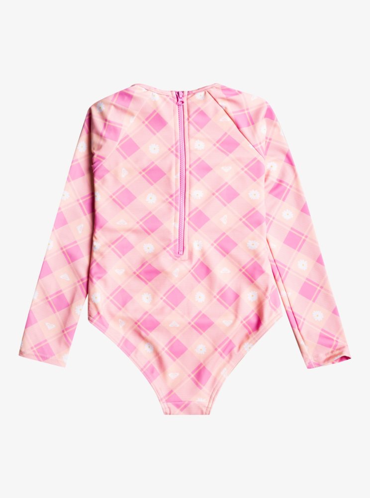 Pink Kids' Roxy 2-7 Flower Plaid Onesie Long Sleeve One Piece Swimsuits | USA OEAM-39267