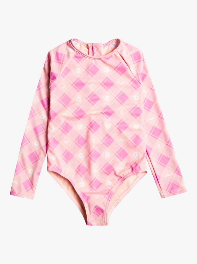 Pink Kids\' Roxy 2-7 Flower Plaid Onesie Long Sleeve One Piece Swimsuits | USA OEAM-39267