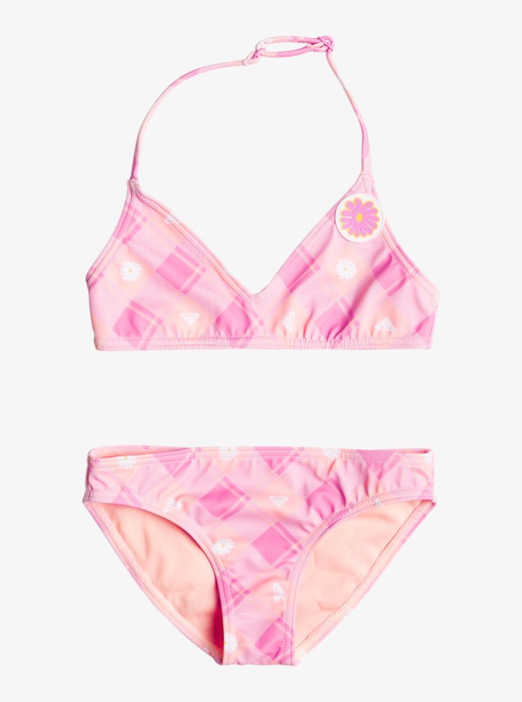 Pink Kids' Roxy 2-7 Flower Plaid Triangle Two Piece Set Bikinis | USA HIWY-10582