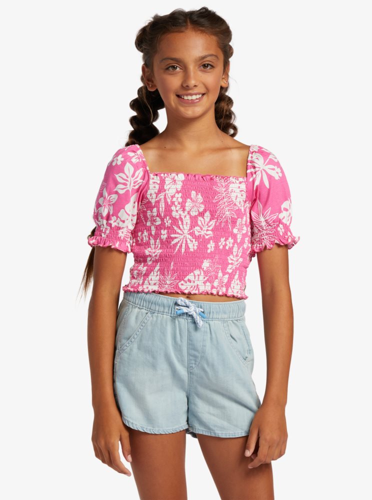 Pink Kids\' Roxy 4-16 Sunday Night Sessions Puff Sleeve Tops | USA TPOZ-91280