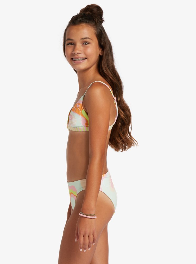 Pink Stripes Kids' Roxy 4-16 Hibiscus Reversible Two Piece Set Bikinis | USA BNLJ-54816