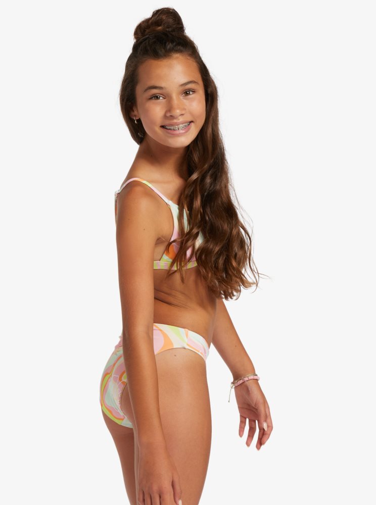 Pink Stripes Kids' Roxy 4-16 Hibiscus Reversible Two Piece Set Bikinis | USA BNLJ-54816