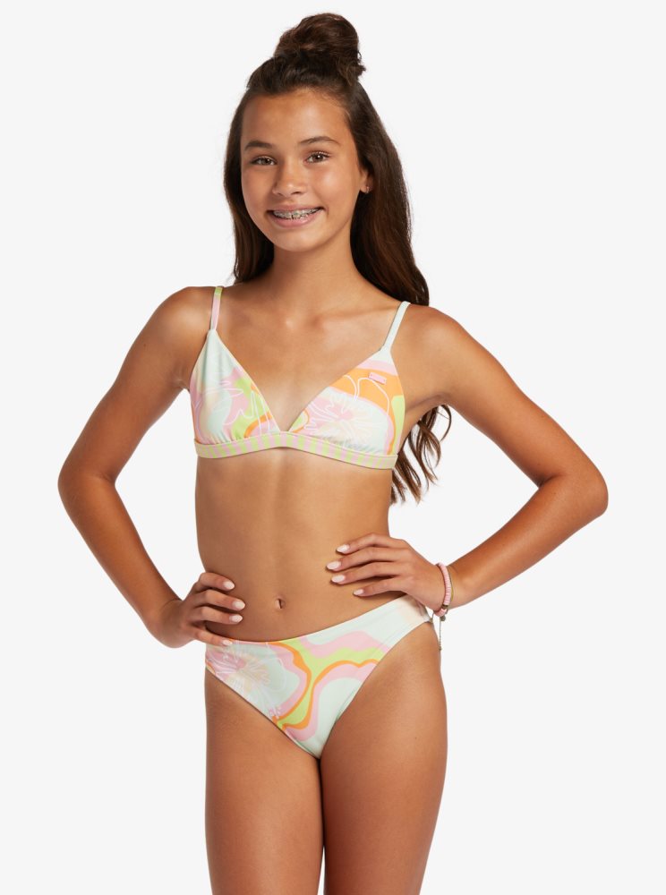 Pink Stripes Kids\' Roxy 4-16 Hibiscus Reversible Two Piece Set Bikinis | USA BNLJ-54816