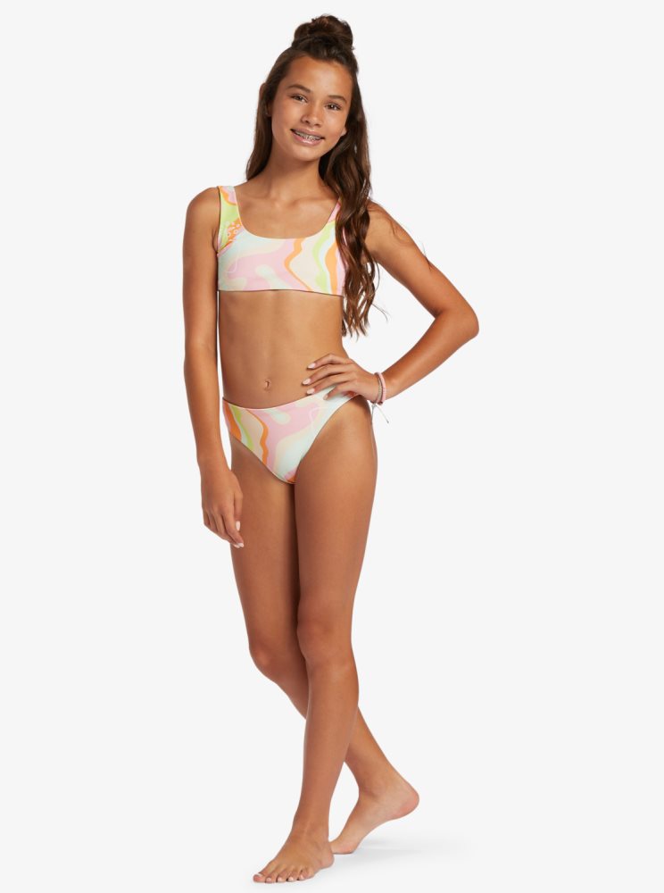 Pink Stripes Kids' Roxy 4-16 Hibiscus Reversible Two Piece Set Bikinis | USA RVKQ-64180