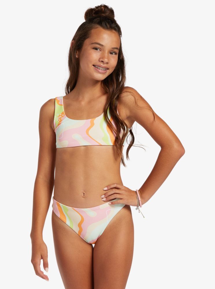 Pink Stripes Kids' Roxy 4-16 Hibiscus Reversible Two Piece Set Bikinis | USA RVKQ-64180