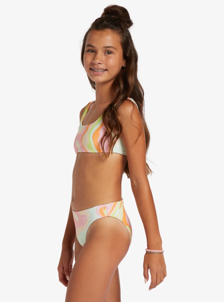 Pink Stripes Kids' Roxy 4-16 Hibiscus Reversible Two Piece Set Bikinis | USA RVKQ-64180