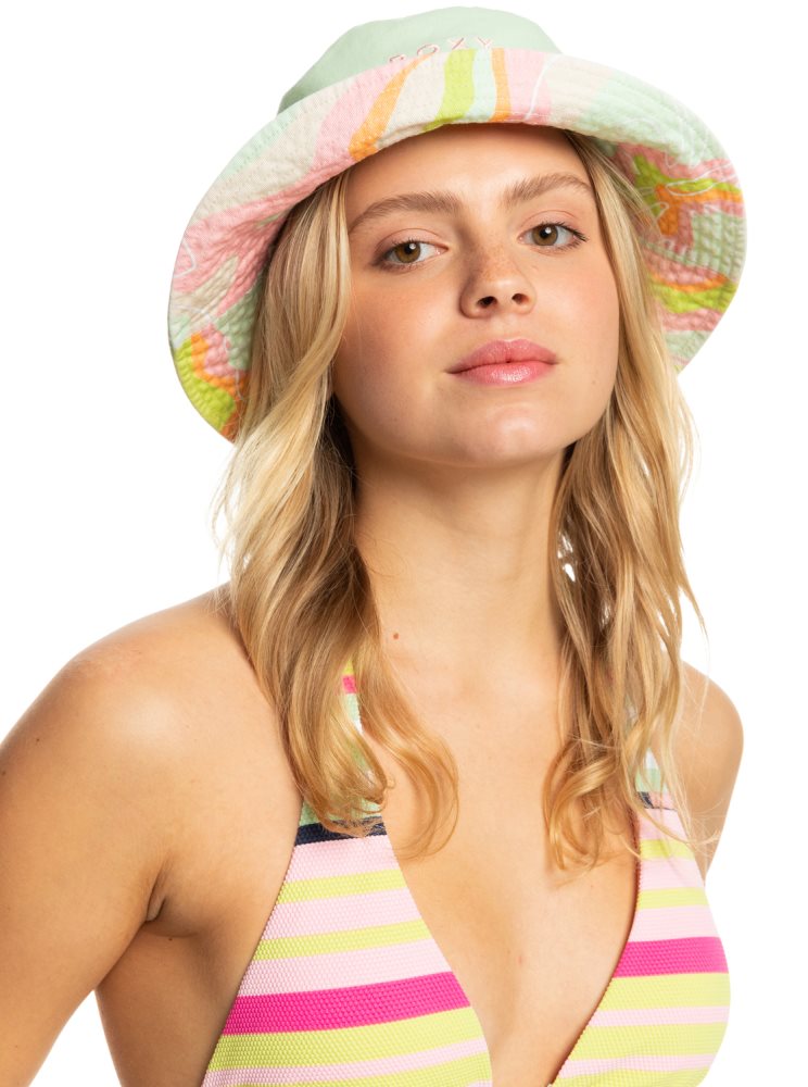 Pink Stripes Women's Roxy Jasmine Paradise Reversible Bucket Hats | USA YEQG-24068