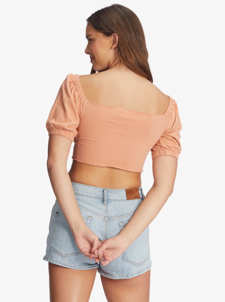 Pink Women's Roxy Flirty Walk Ruched Crop Tops | USA CZPO-98234