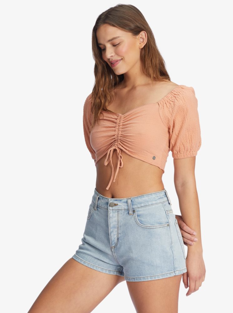 Pink Women's Roxy Flirty Walk Ruched Crop Tops | USA CZPO-98234