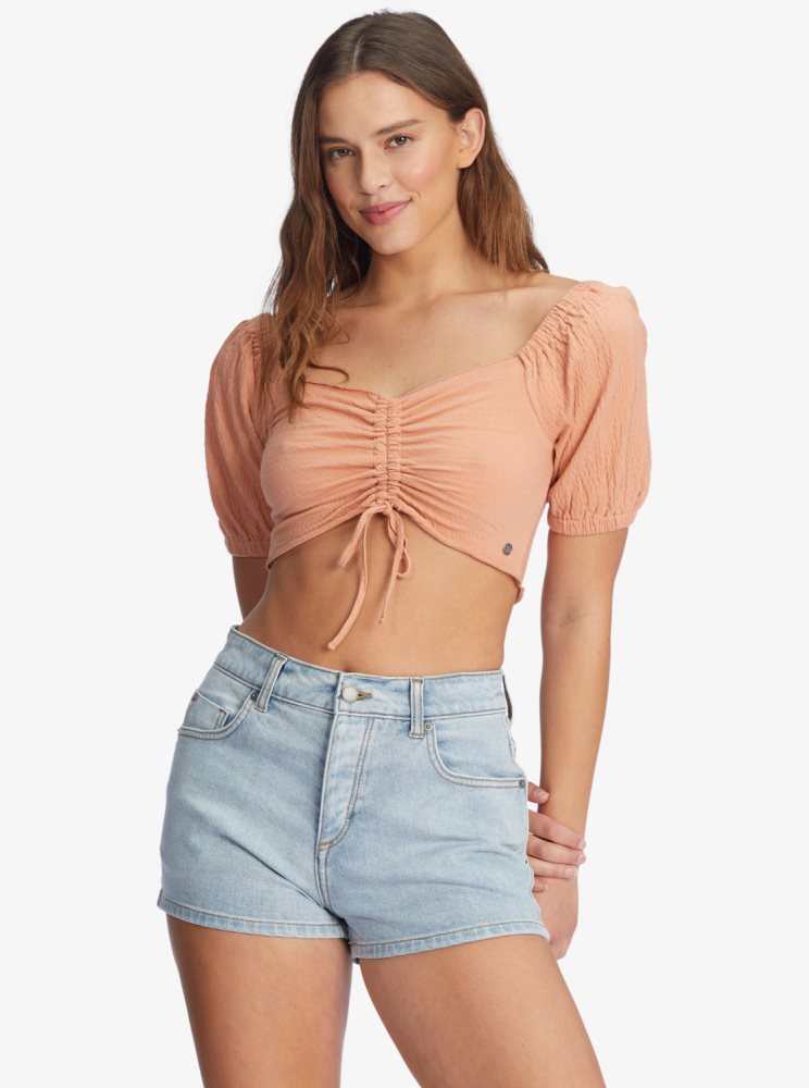 Pink Women\'s Roxy Flirty Walk Ruched Crop Tops | USA CZPO-98234