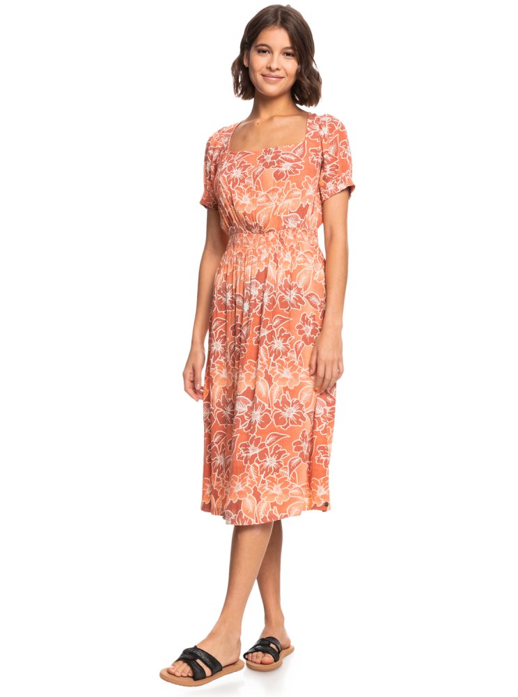 Pink Women's Roxy Palmy Breeze Printed Short Sleeve Midi Dress | USA KNES-32516