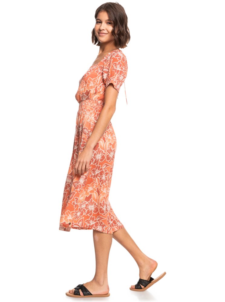 Pink Women's Roxy Palmy Breeze Printed Short Sleeve Midi Dress | USA KNES-32516