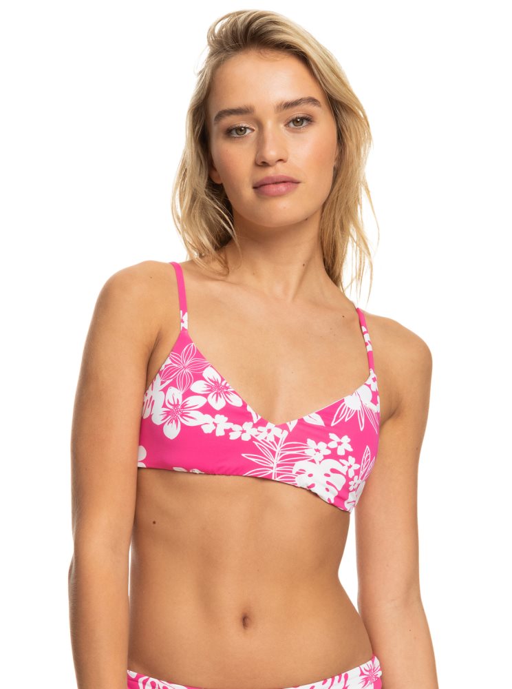 Pink Women\'s Roxy Printed Beach Classics Athletic Triangle Bikini Tops | USA KNFI-41708