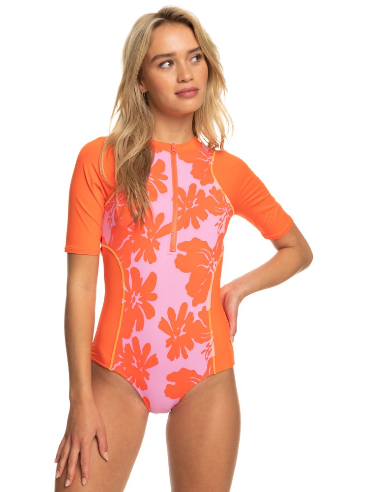 Pink Women's Roxy Surf.Kind.Kate. Short Sleeve One Piece Swimsuits | USA LSZT-53910