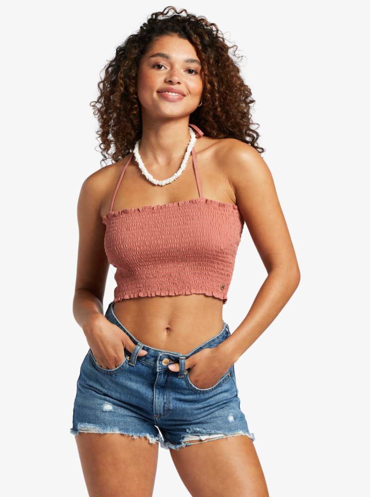 Pink Women's Roxy Warm Waters Bandeau Tops | USA TPKY-03726