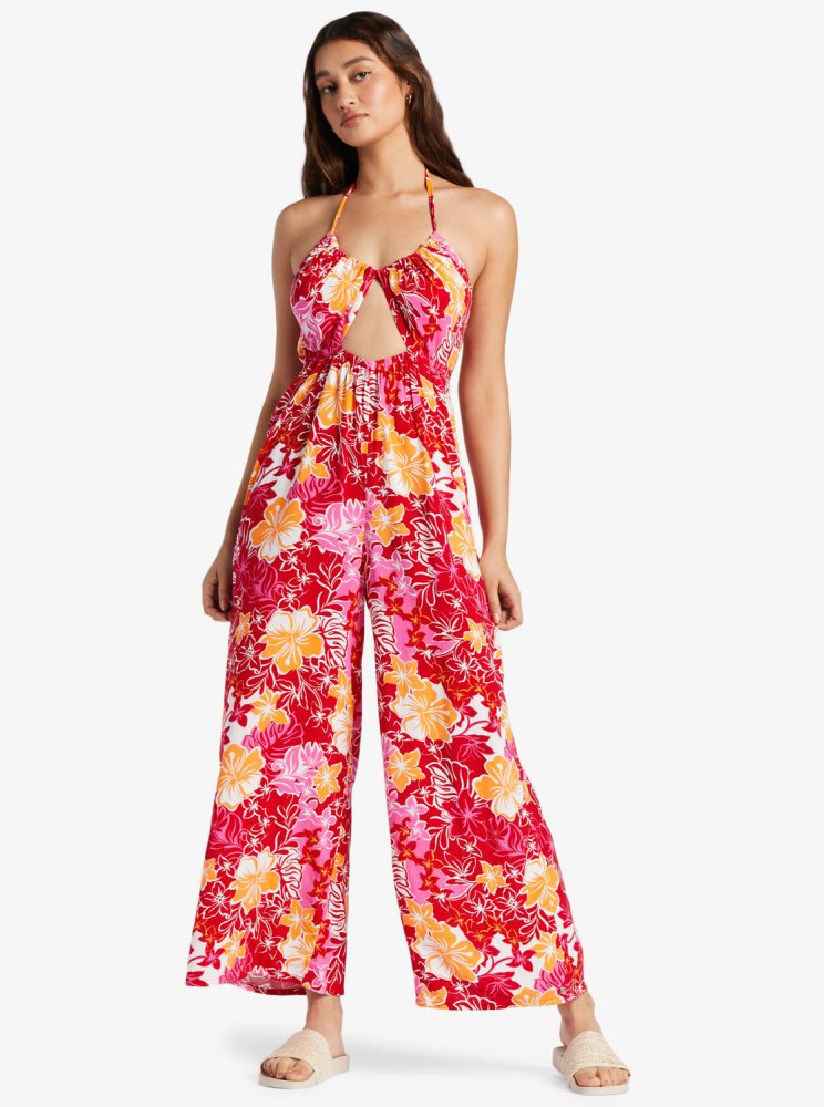 Red / Yellow Women's Roxy Away On Vacay Printed Wide Leg Jumpsuit | USA KNOV-26798