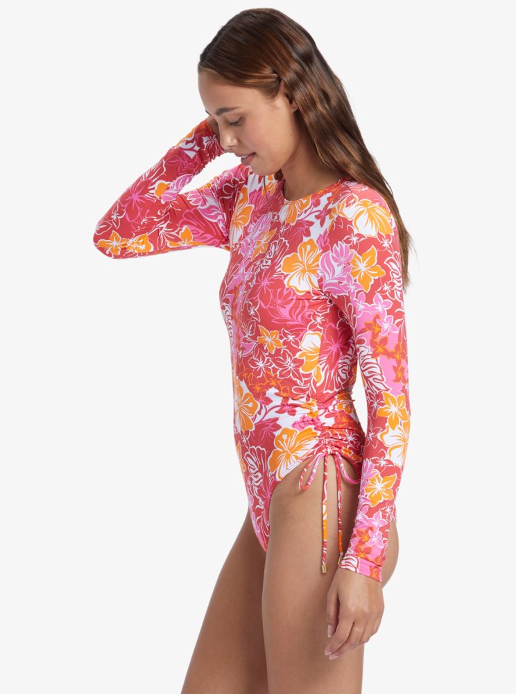 Red / Yellow Women's Roxy Sunrise Tides UPF 50 Long Sleeve Swimsuit Rashguards | USA ZFHQ-32658