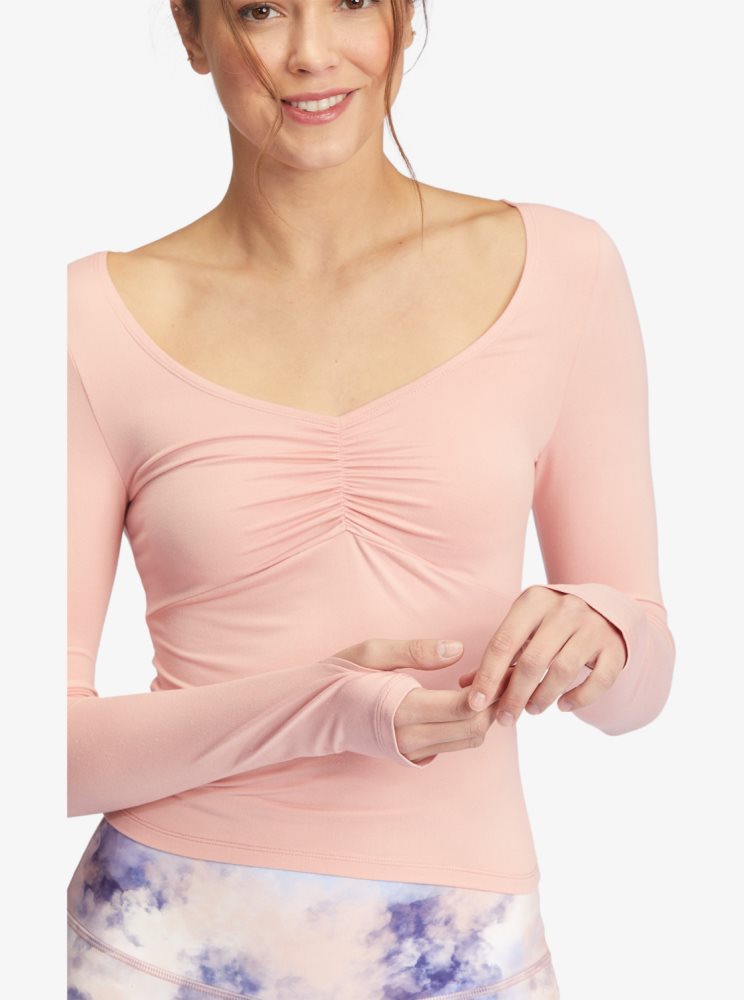 Rose Women's Roxy Flirty Run Ruched Long Sleeve Sports Tops | USA YDUA-03645