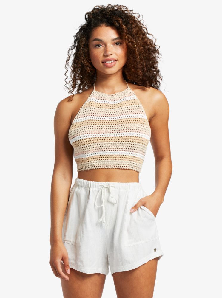 Stripes Women's Roxy Daydreamer Cropped Knit Halter Tops | USA ESYW-63897