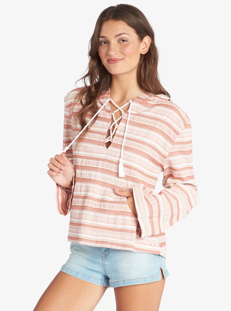 Stripes Women's Roxy Paradise Calling Woven Poncho Hoodie | USA MSAB-14085