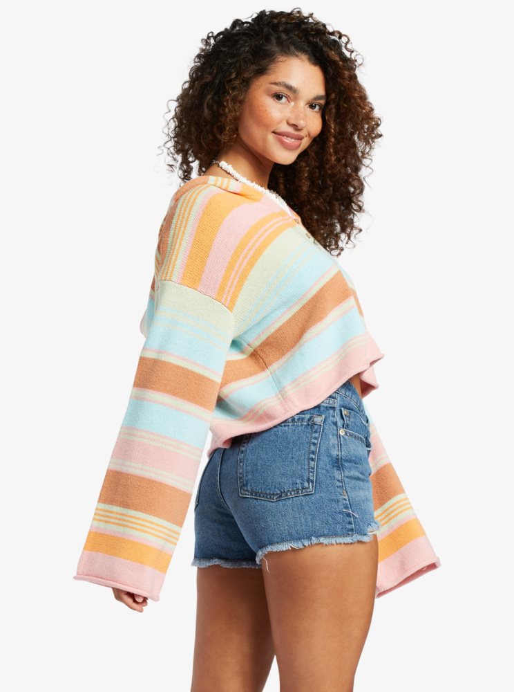 Stripes Women's Roxy Sunbaked Shores Cropped Hooded Sweaters | USA OTEP-94168