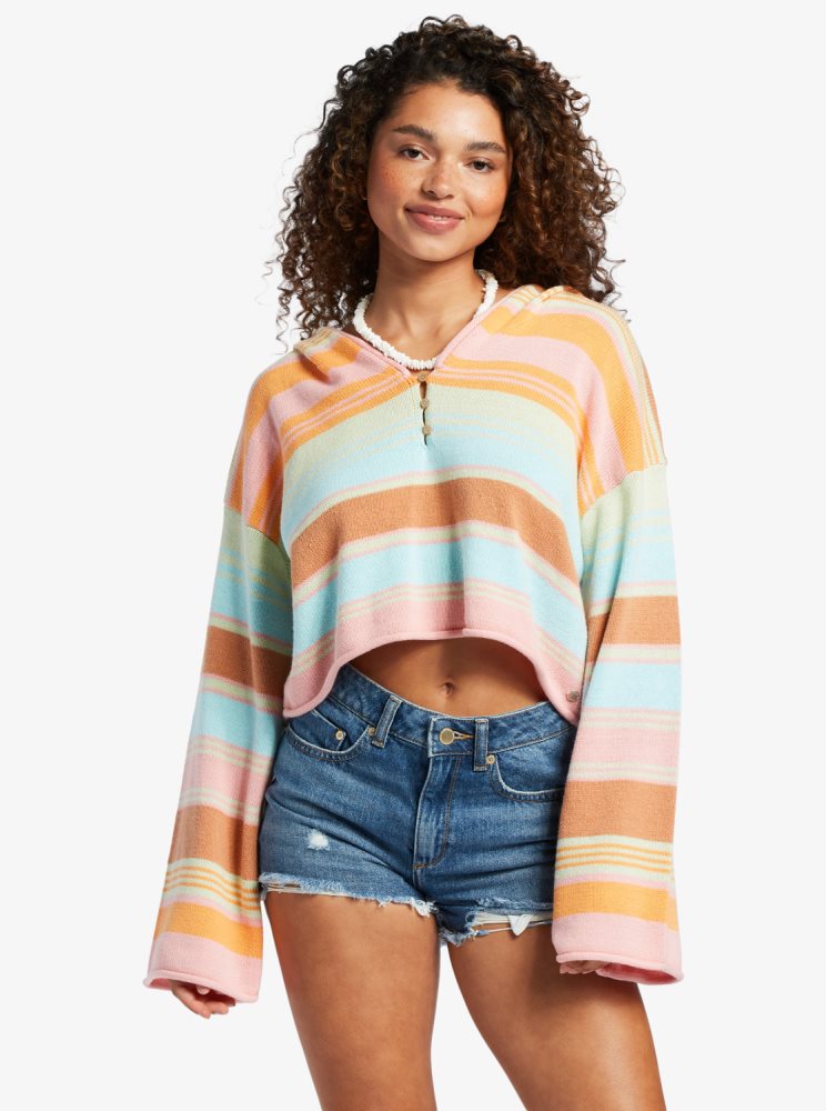 Stripes Women\'s Roxy Sunbaked Shores Cropped Hooded Sweaters | USA OTEP-94168