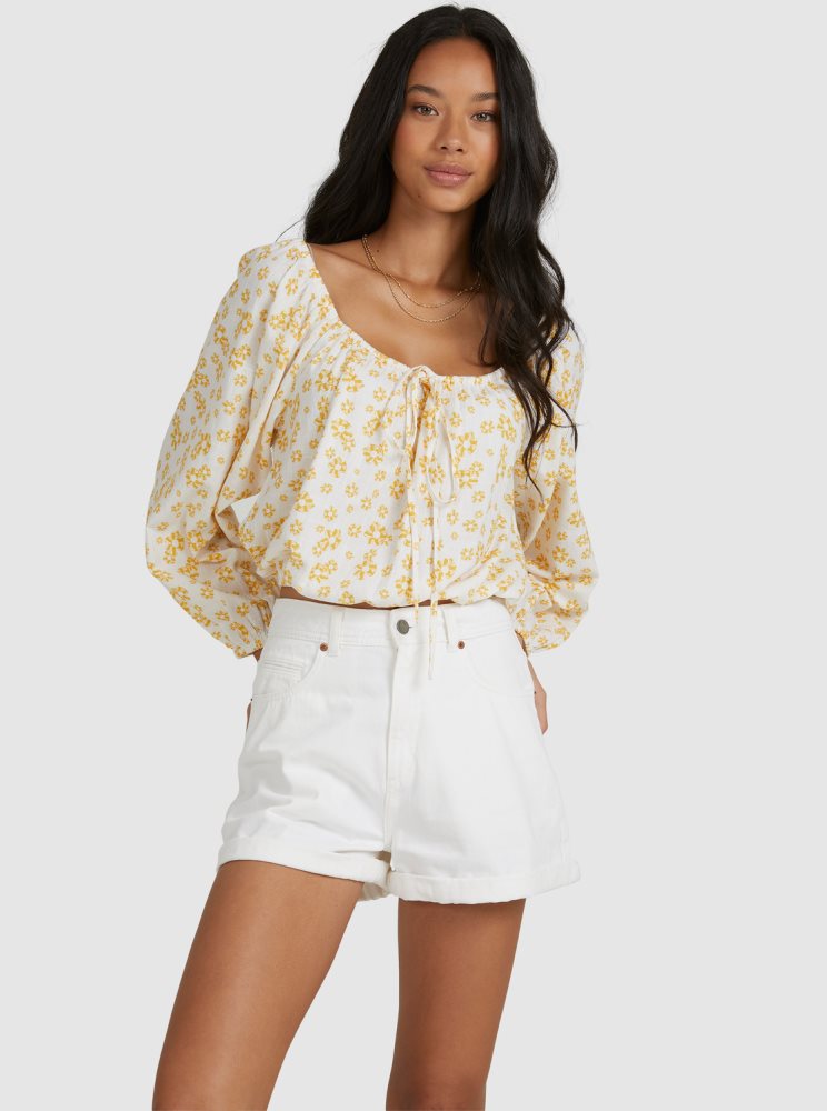 White Flower Women's Roxy Soho Sessions Long Sleeve Off The Shoulder Tops | USA LYKR-54372