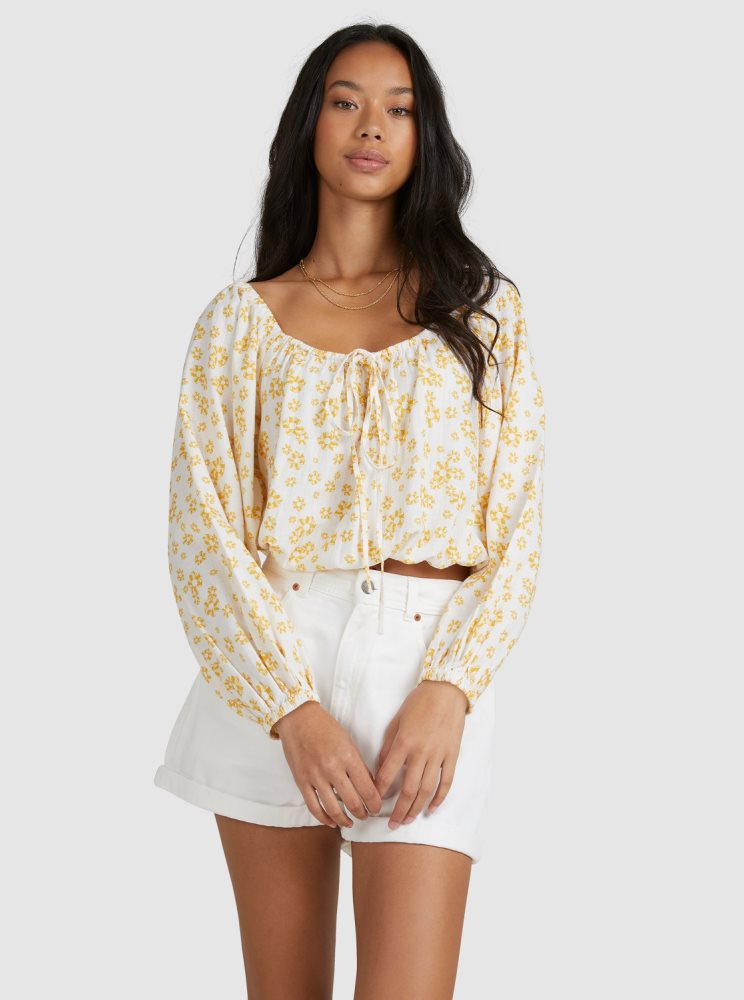 White Flower Women's Roxy Soho Sessions Long Sleeve Off The Shoulder Tops | USA LYKR-54372