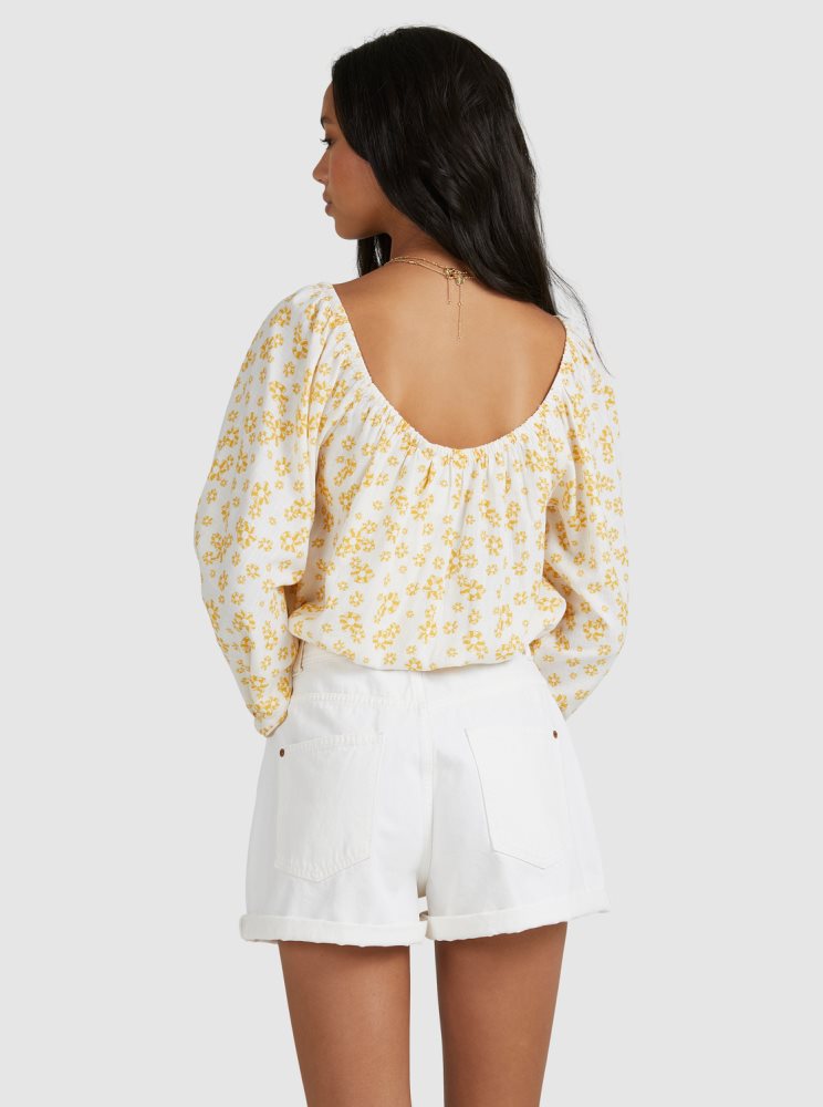 White Flower Women's Roxy Soho Sessions Long Sleeve Off The Shoulder Tops | USA LYKR-54372