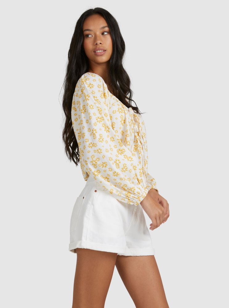 White Flower Women's Roxy Soho Sessions Long Sleeve Off The Shoulder Tops | USA LYKR-54372