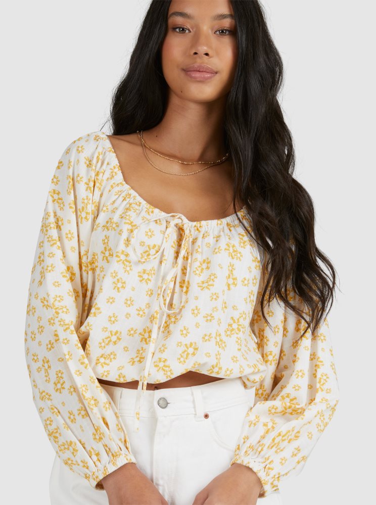 White Flower Women's Roxy Soho Sessions Long Sleeve Off The Shoulder Tops | USA LYKR-54372