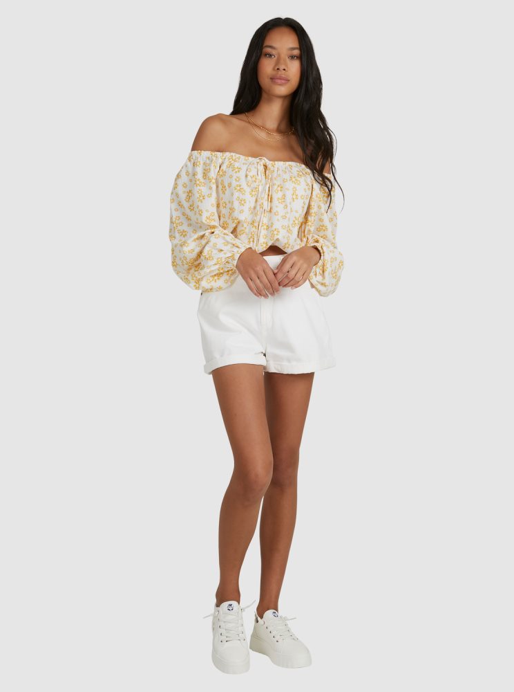 White Flower Women's Roxy Soho Sessions Long Sleeve Off The Shoulder Tops | USA LYKR-54372