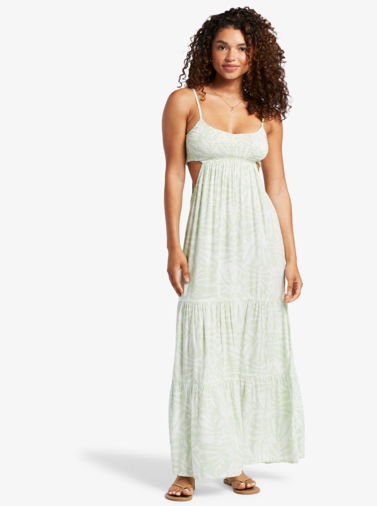 White / Green Women\'s Roxy Hot Tropics Maxi Dress | USA LXGM-75962