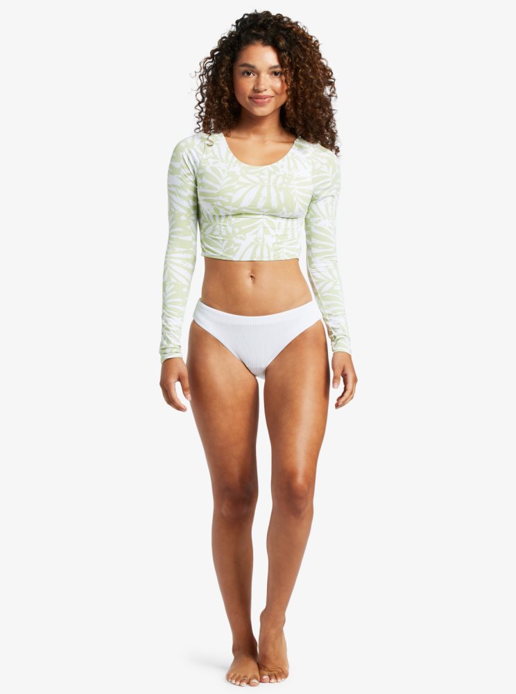 White / Green Women's Roxy Waves For Days Long Sleeve UPF 50 Rashguards | USA JWHE-02391