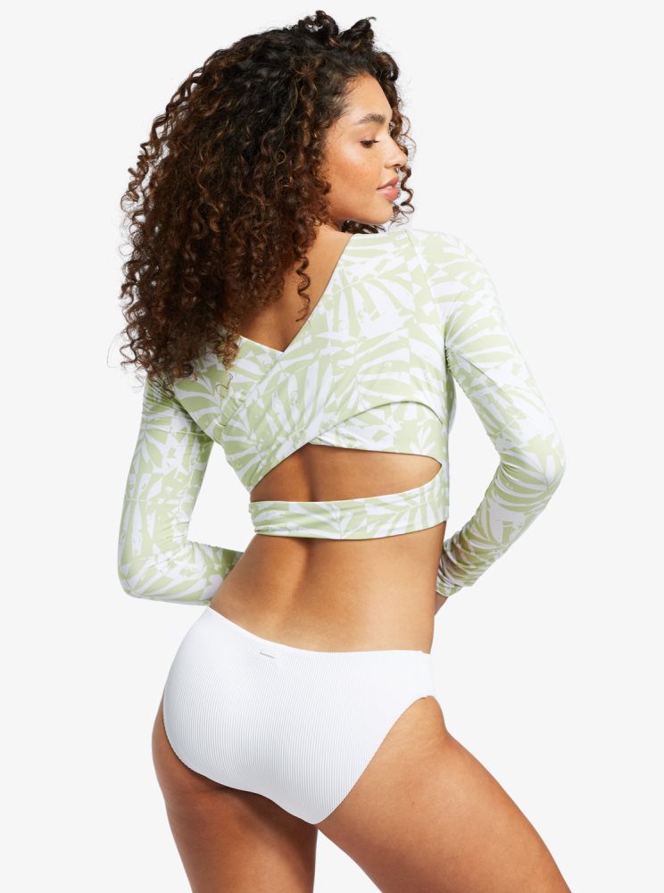 White / Green Women's Roxy Waves For Days Long Sleeve UPF 50 Rashguards | USA JWHE-02391